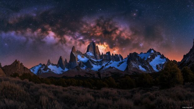 A dramatic mountain range under a starry night sky illuminated by the Milky Way.