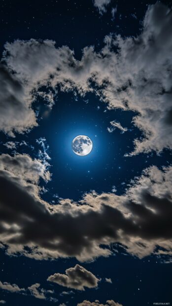 A dramatic night sky with a full moon surrounded by wispy clouds and stars, Moon iPhone Wallpaper HD.