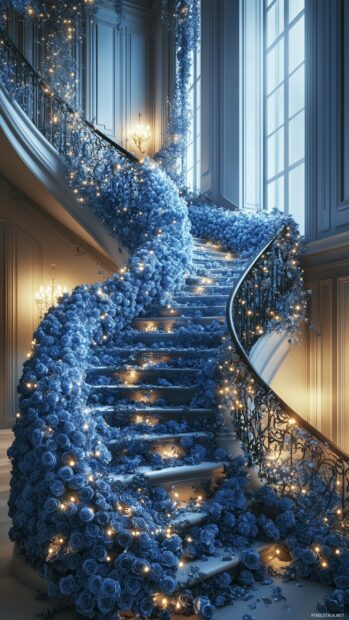 A dramatic shot of blue roses cascading down a staircase.