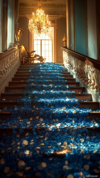 A dramatic shot of blue roses cascading down a staircase, with warm light illuminating the petals.