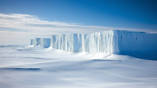 A dramatic snow Mountain range with icy cliffs and deep blue shadows.