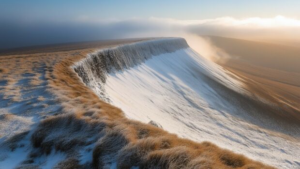 A dramatic snowy ridge with swirling mist and sunlight breaking through.