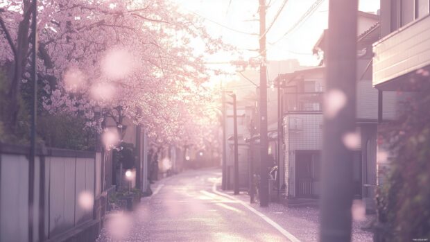 A dreamy anime city laptop 4K wallpaper with minimal details, emphasizing soft colors and a peaceful atmosphere.