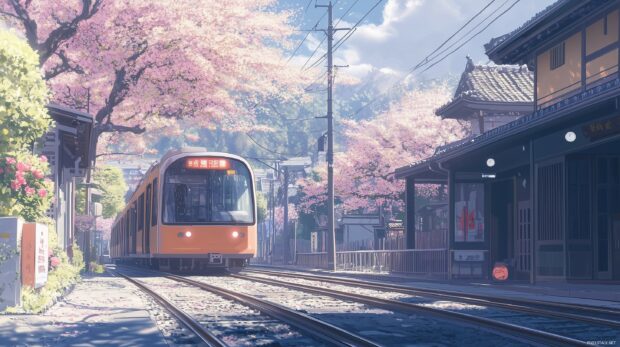 A dreamy anime city view with minimal details, emphasizing soft colors and a peaceful atmosphere.