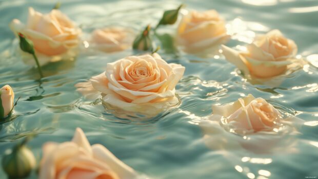 A dreamy composition of pastel colored roses floating on water, surrounded by gentle ripples.