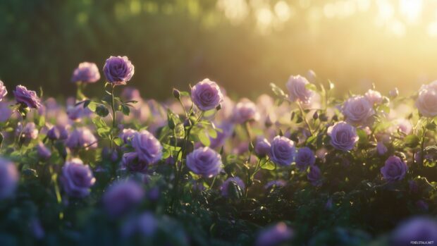 A dreamy garden scene filled with lush purple roses swaying gently in the breeze, surrounded by lush greenery.