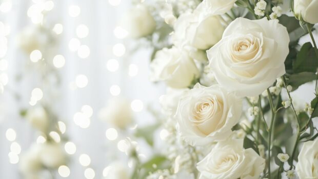 A dreamy image of white roses cascading down a wedding arch.