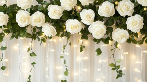 A dreamy image of white roses cascading down a wedding arch, with soft white drapery and fairy lights.