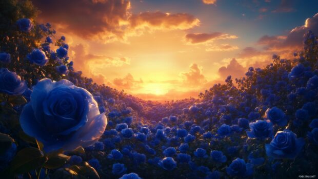 A dreamy landscape featuring a field of blue roses stretching into the horizon, with a vibrant sunset in the background.