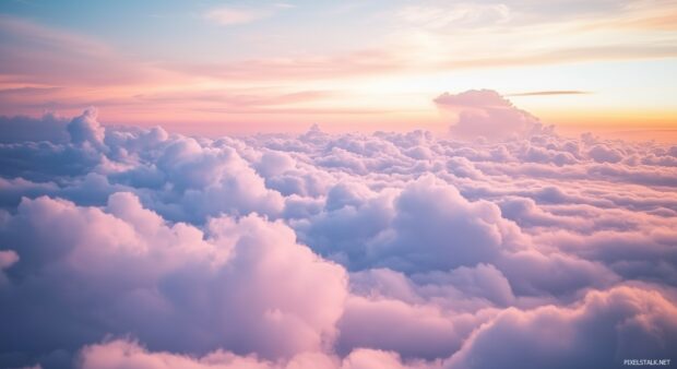 A dreamy landscape of pastel colored 3D clouds during the golden hour, with the soft light of sunset casting shades of pink and lavender across the sky.