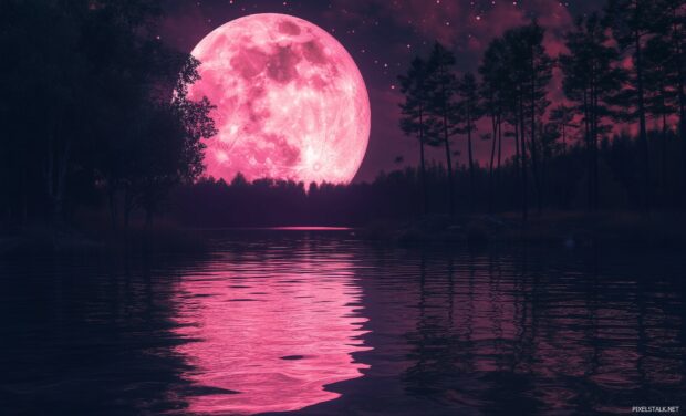 A dreamy night scene with a large pink moon hovering over a serene lake.