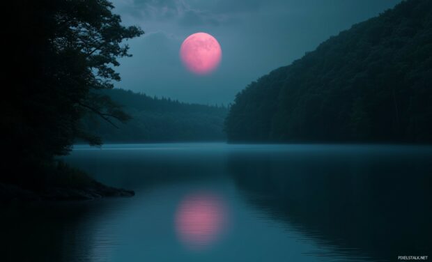 A dreamy night scene with a large pink moon hovering over a serene lake, surrounded by lush trees.