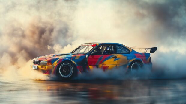 A drift car sliding sideways on a track with tire smoke enveloping the scene.