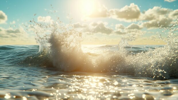 A dynamic 3D wave crashing on a beach.