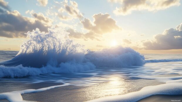 A dynamic 3D wave crashing on a beach, with lifelike foam and water droplets in mid air, and sunlight creating a realistic shimmer across the ocean.