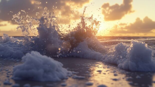 A dynamic 3D wave crashing on a beach, with lifelike foam and water droplets in mid air, and sunlight creating a realistic shimmer across the ocean.