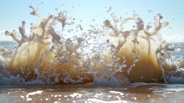 A dynamic 3D wave crashing on a beach, with lifelike foam and water droplets in mid air, and sunlight creating a realistic shimmer across the ocean.