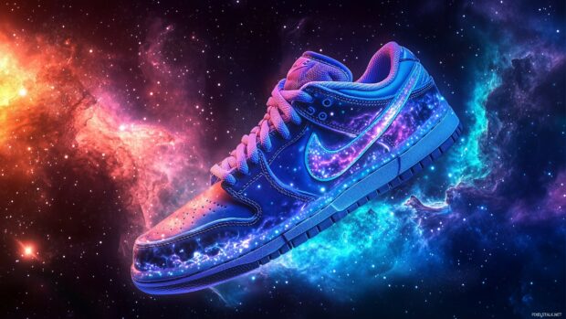 A dynamic Nike sneaker against a backdrop of a cosmic galaxy.