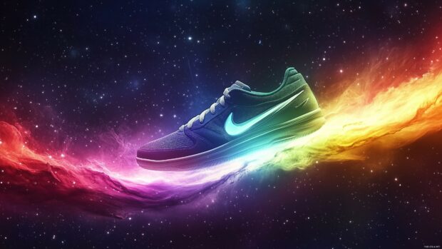 A dynamic Nike sneaker against a backdrop of a cosmic galaxy, Nike 4K Wallpaper.