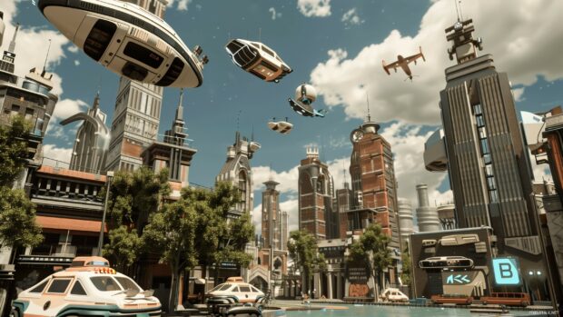 A dynamic and cool 3D cityscape with towering skyscrapers and flying vehicles.