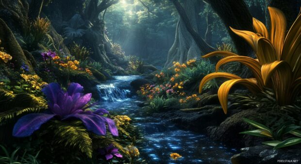 A enchanted fantasy forest background for desktop with colorful, bioluminescent plants, a sparkling stream, and fantastical creatures peeking through the foliage.