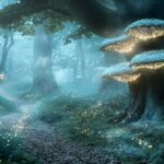 A enchanted forest background with glowing mushrooms, luminescent fireflies, and an ethereal mist weaving through ancient trees.