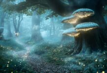 A enchanted forest background with glowing mushrooms, luminescent fireflies, and an ethereal mist weaving through ancient trees.