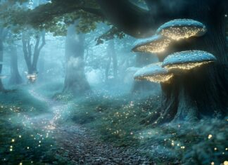 A enchanted forest background with glowing mushrooms, luminescent fireflies, and an ethereal mist weaving through ancient trees.