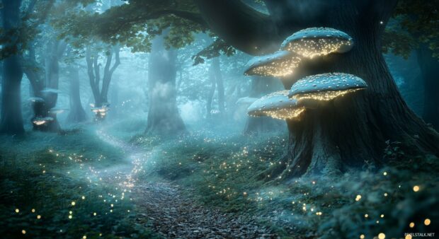 A enchanted forest background with glowing mushrooms, luminescent fireflies, and an ethereal mist weaving through ancient trees.