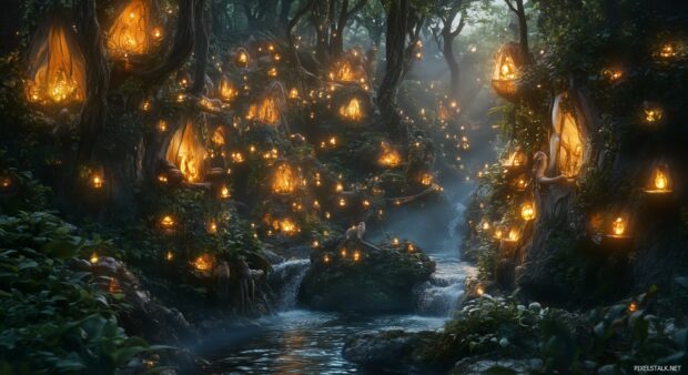 A enchanted forest with enchantedcreatures peeking through the dense foliage, glowing plants, and a shimmering.