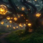 A fairy tale forest wallpaper with floating, glowing orbs, ethereal mist swirling around ancient trees, and a serene, magical ambiance that invites exploration.