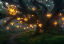 A fairy tale forest wallpaper with floating, glowing orbs, ethereal mist swirling around ancient trees, and a serene, magical ambiance that invites exploration.