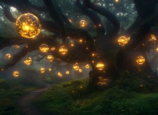 A fairy tale forest wallpaper with floating, glowing orbs, ethereal mist swirling around ancient trees, and a serene, magical ambiance that invites exploration.