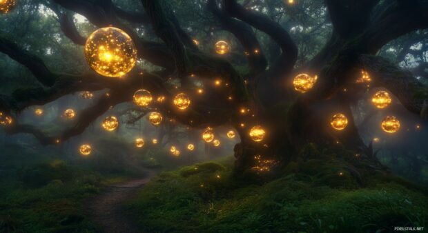 A fairy tale forest wallpaper with floating, glowing orbs, ethereal mist swirling around ancient trees, and a serene, magical ambiance that invites exploration.