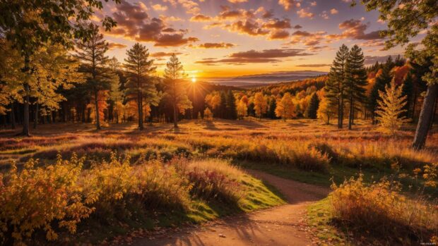 A fall sunset over a forest of mixed color trees.