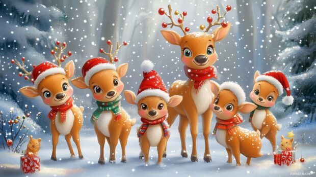 A family of cartoon reindeer with festive scarves and hats, standing in a snowy forest.