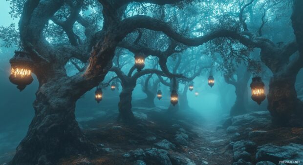 A fantastical Forest Wallpaper HD with shimmering, otherworldly trees, floating lanterns.