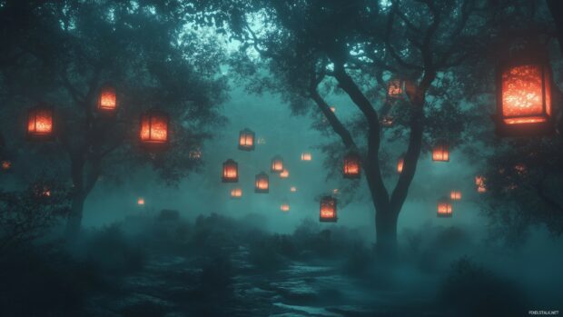 A fantastical forest background with shimmering, otherworldly trees, floating lanterns, and a soft, iridescent glow illuminating the misty surroundings.