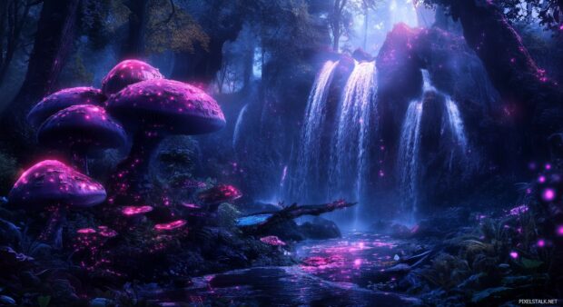 A fantasy forest HD wallpaper with oversized, iridescent mushrooms, cascading waterfalls, and shimmering lights dancing through the trees.