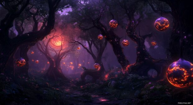 A fantasy forest desktop background with towering, luminescent trees, glowing flowers, and floating enchantedorbs.