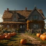 A farmhouse Fall Halloween wallpaper with a scarecrow and pumpkins in the yard.