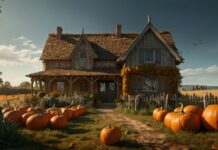 A farmhouse Fall Halloween wallpaper with a scarecrow and pumpkins in the yard.