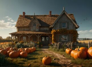 A farmhouse Fall Halloween wallpaper with a scarecrow and pumpkins in the yard.