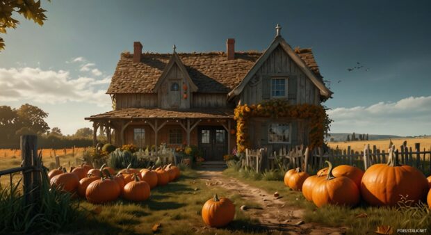 A farmhouse Fall Halloween wallpaper with a scarecrow and pumpkins in the yard.