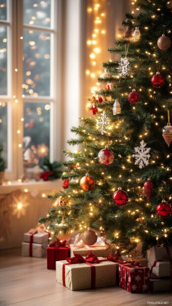 A festive Christmas tree with twinkling lights and colorful ornaments.