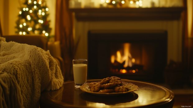 A festive living space featuring a fireplace surrounded by cozy blankets.