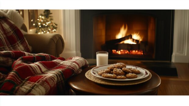 A festive living space featuring a fireplace surrounded by cozy blankets, a plate of cookies.