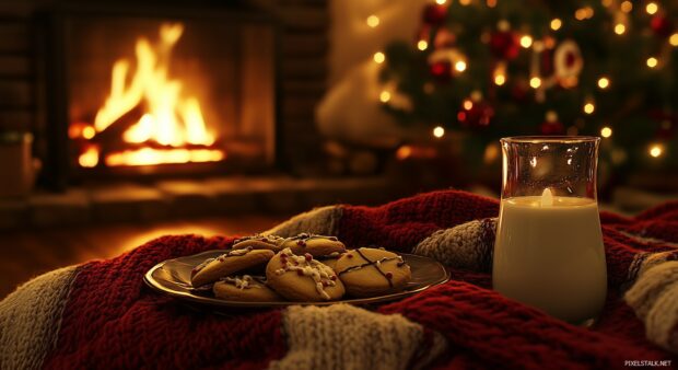 A festive living space featuring a fireplace surrounded by cozy blankets, a plate of cookies, and a glass of milk.