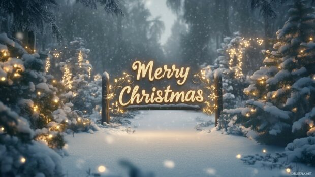 A festive winter landscape with Merry Christmas written in elegant gold script, surrounded by snow covered trees and twinkling lights.