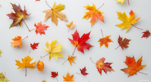 A few scattered fall leaves on a white surface.